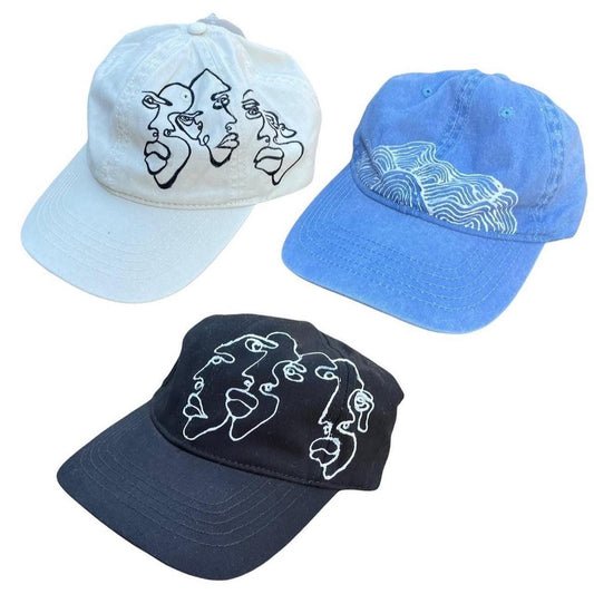 handpainted graphic faces, waves, and abstract pattern trucker festival hats