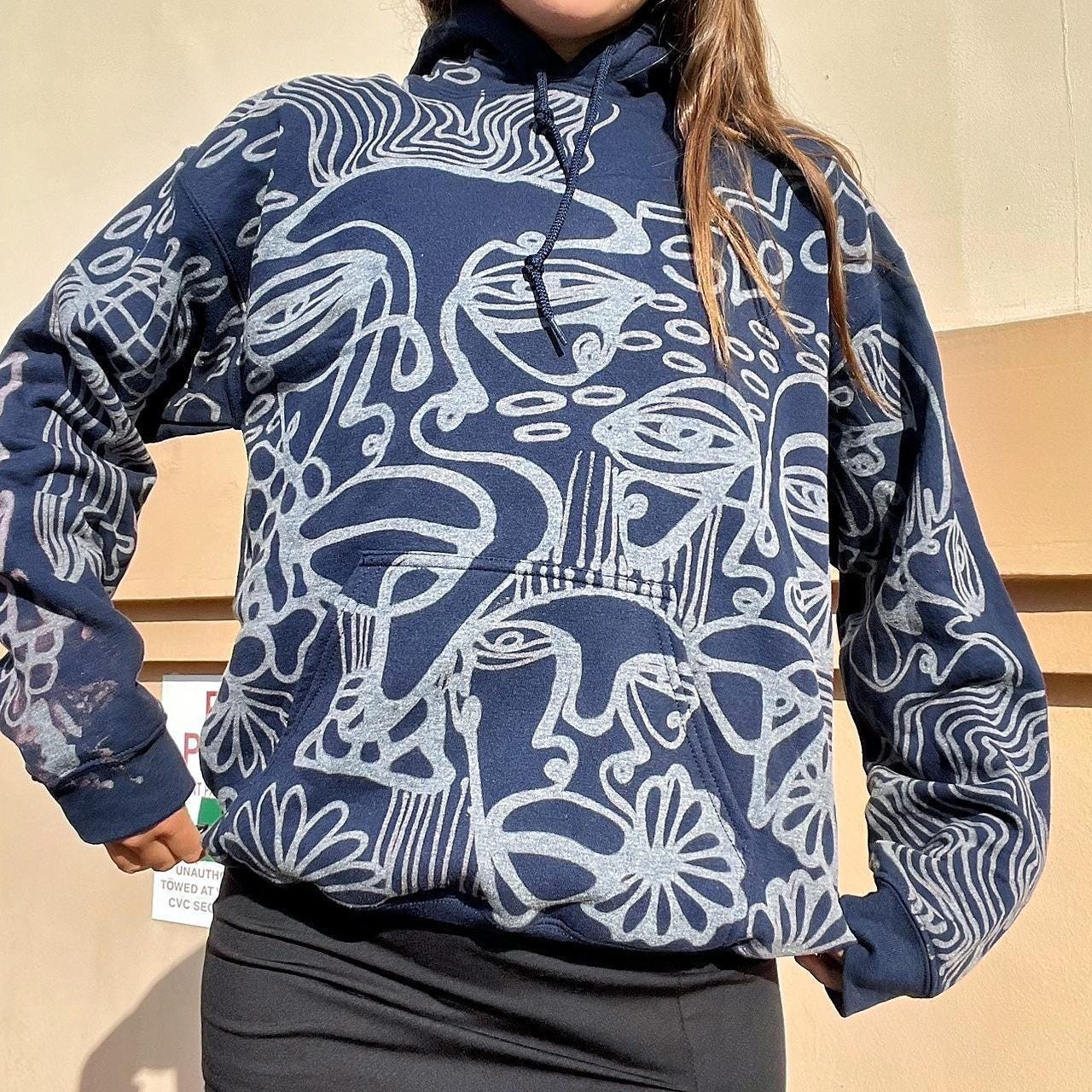 Handmade and one of a kind funky one line faces faces, trippy topographic/ pinstripe/floral abstract pattern cozy hoodie in navy and grey