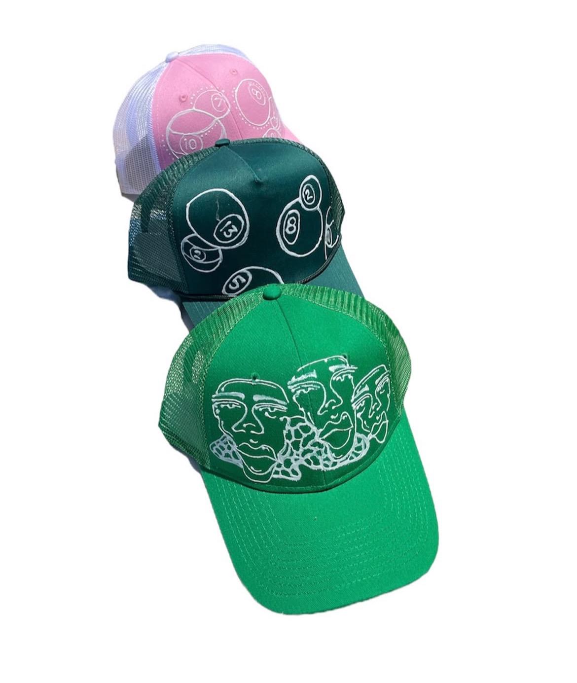handpainted graphic faces, waves, and abstract pattern trucker festival hats