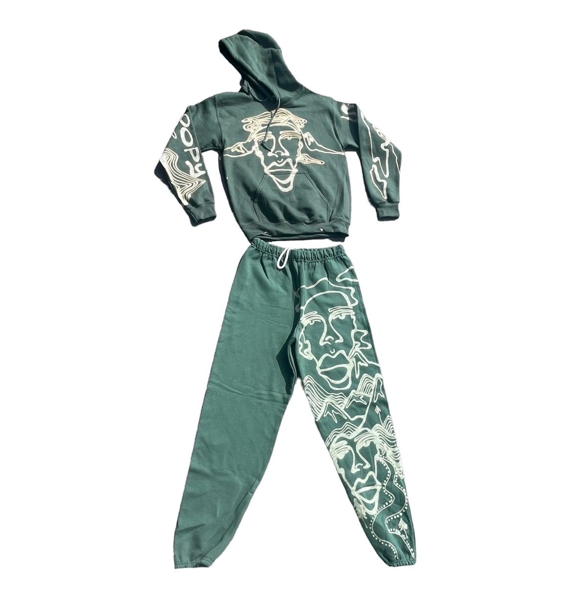 Custom graphic faces and mountains sweatpants and hoodie matching set
