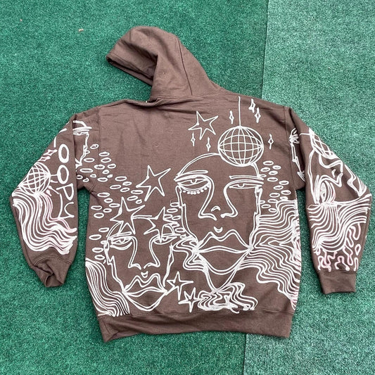 Abstract faces, disco ball, stars, and trippy patterns festival style style hoodie in brown and cream