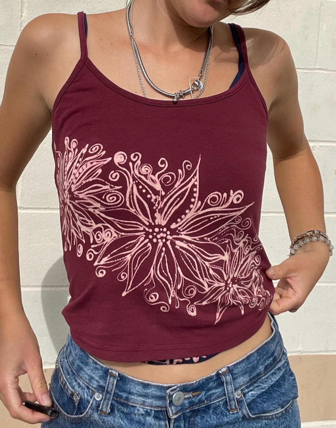 .burgandy spotted flower petal tank