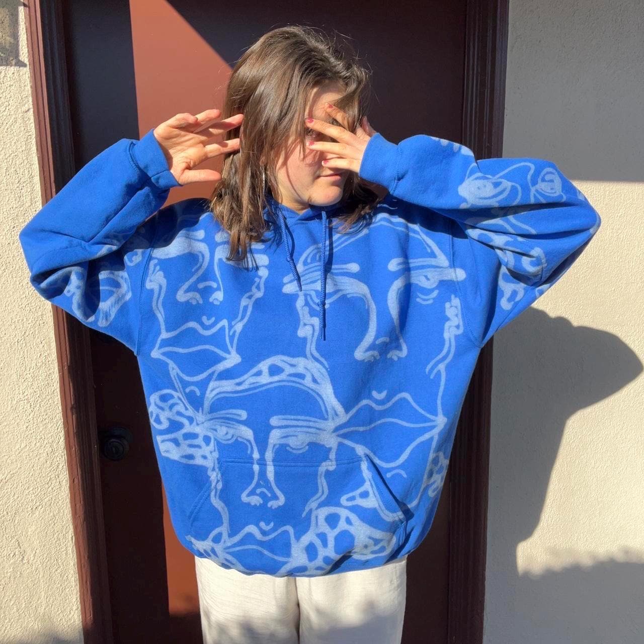 Crazy unique abstract faces oversized hoodie in royal blue