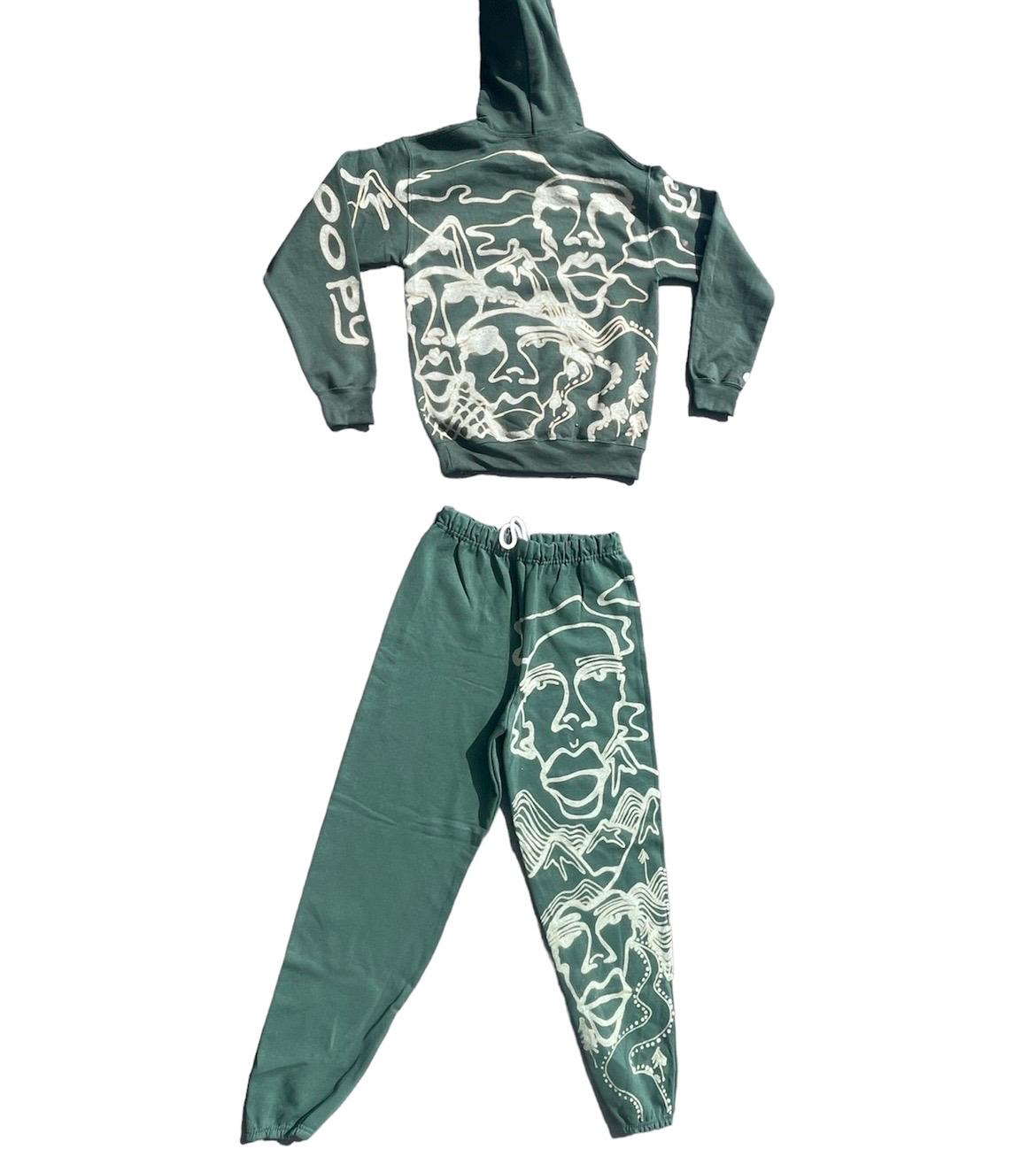 Custom graphic faces and mountains sweatpants and hoodie matching set