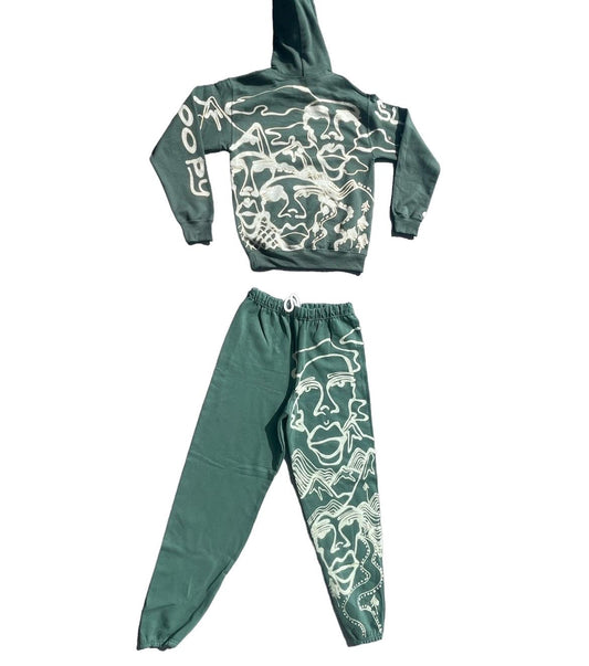Custom graphic faces and mountains sweatpants and hoodie matching set