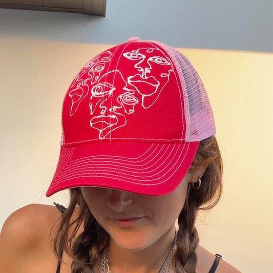 handpainted graphic faces, waves, and abstract pattern trucker festival hats