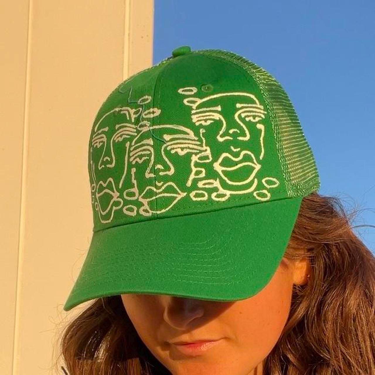 handpainted graphic faces, waves, and abstract pattern trucker festival hats