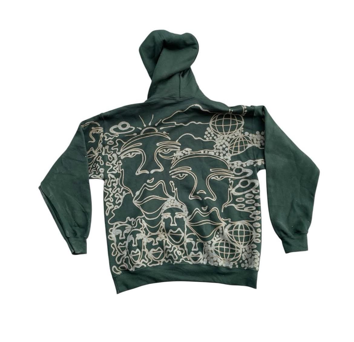 Abstract faces, disco ball, stars, and trippy patterns festival style style hoodie in brown and cream