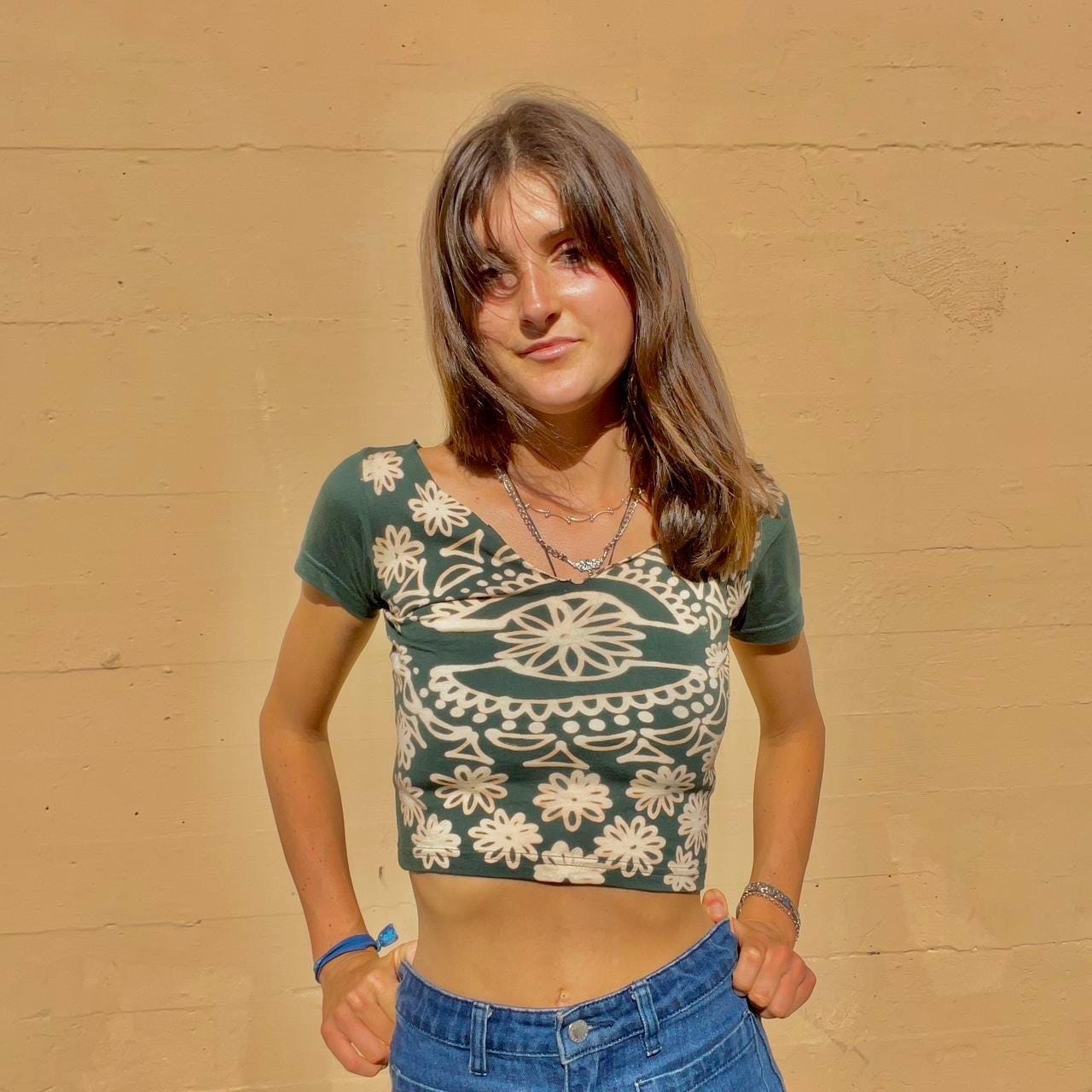 Fitted off the shoulder floral mandala crop